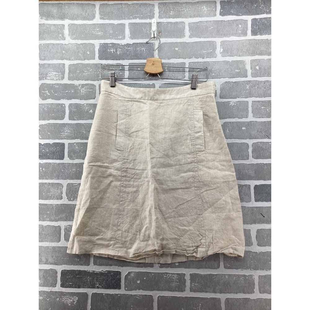 Brooks Brothers 346 Womens Beige 100% Linen A-Line Skirt Size 10 Pockets Lined